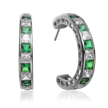 Emerald Color CZ Inside-Out Hoop Earrings In Sterling Silver