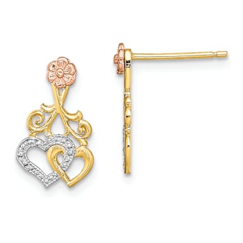 14k Tri-color Gold Textured Hearts and Flower Dangle Earrings