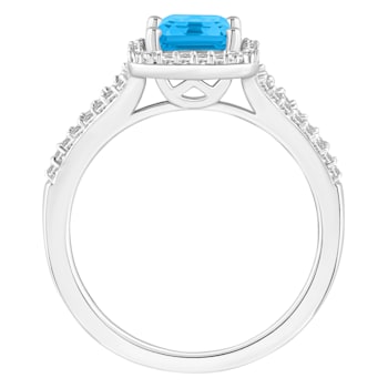8x6mm Emerald Cut Blue Topaz 1/4 ctw Diamond Rhodium Over Sterling
Silver Halo Ring