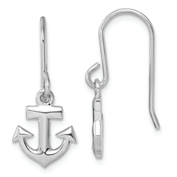 Rhodium Over Sterling Silver Polished Anchor Dangle Earrings