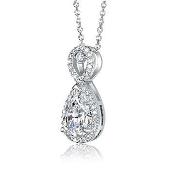 Pear Shape CZ Halo Pendant Necklace In Sterling Silver