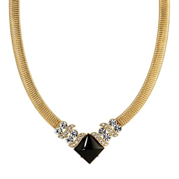 Yellow Base Metal Black Onyx Square Clear Crystal Necklace 16 inch Adj.
