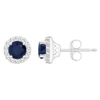 4mm Round Sapphire 1/8 ctw Diamond Rhodium Over Sterling Silver Halo
Stud Earrings
