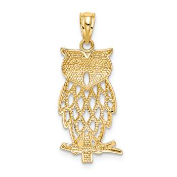14K Two-tone Gold Rhodium Diamond-cut Owl Pendant
