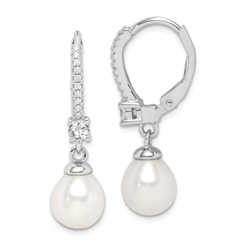 Rhodium Over Sterling Silver 7-8mm Freshwater Cultured Pearl and CZ
Leverback Dangle Earrings
