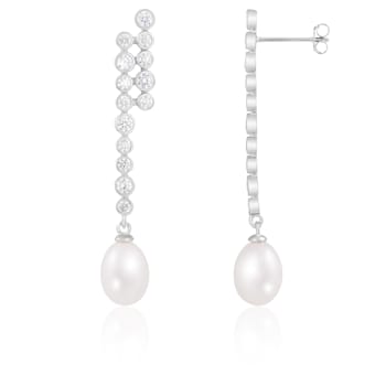 White Cultured Freshwater Pearl and Cubic Zirconia Rhodium Over Sterling
Silver 7-8mm Drop Earrings