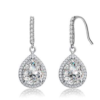 Pear Shape CZ Halo Drop Earrings In White Rhodium Over Brass