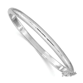 Rhodium Over Sterling Silver 5mm Diamond-cut Hinged Bangle Bracelet