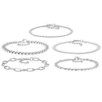 Snake, Cuban And Oval Link Bracelet Set Of 5 In Silver-Tone 4-6mm