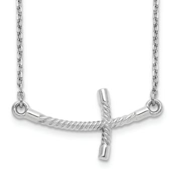 Rhodium Over 14K White Gold Large Sideways Curved Twist Cross Necklace
