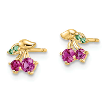 14K Yellow Gold Red Cubic Zirconia and Green Glass Cherry Post Earrings