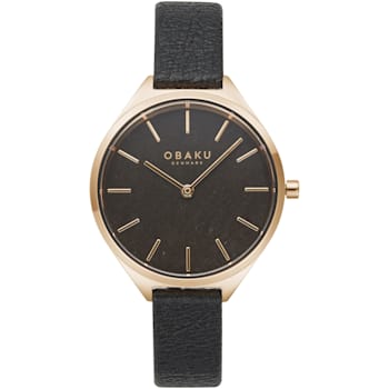 Obaku Women's Kaffe Black Dial with Yellow Accents Black Leather Strap Watch