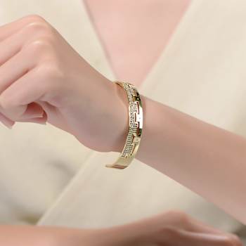 Pave CZ Cuff Bracelet In 14K Gold Over Brass