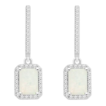 7x5mm Emerald Cut Opal 1/3 ctw Diamond Rhodium Over Sterling Silver Halo
Dangle Earrings