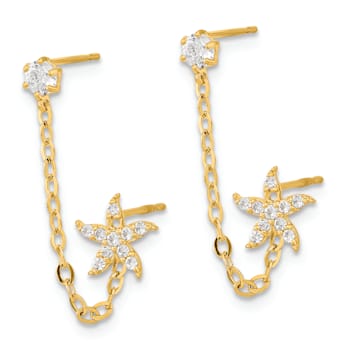 14K Yellow Gold Cubic Zirconia Double Post with Chain Starfish Earrings