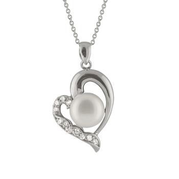 9-10mm Button White Cultured Freshwater Pearl and CZ Rhodium Over
Sterling Silver Pendant
