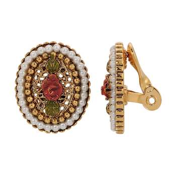Gold Tone Faux Pearl Red Flower Oval Clip Earrings