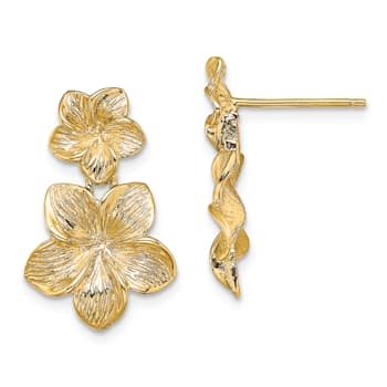 14k Yellow Gold Textured Double Plumeria Flower Dangle Earrings