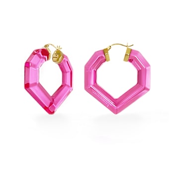 14K Yellow Gold Over Sterling Silver Heart Gem Acrylic Hoops in Magenta