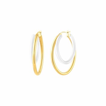 14K Gold Over Sterling Silver Double Oval Enamel Hoops in White