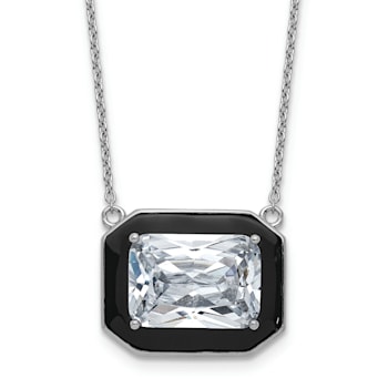 Rhodium Over Sterling Silver Polished Black Enamel and Cubic Zirconia Necklace