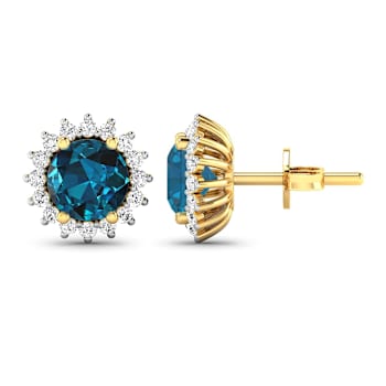1.60ctw 14K Yellow Gold London Blue Topaz  and White Diamond Halo Earrings