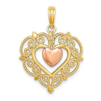 14K Two-tone Gold  Textured Heart with Lace Trim Charm
