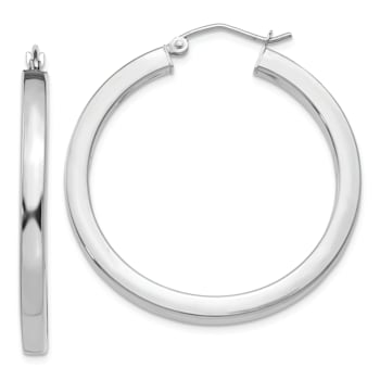 Rhodium Over 14k White Gold Polished 1 3/8" Square Tube Hoop Earrings