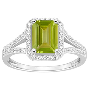 8x6mm Emerald Cut Peridot 1/4 ctw Diamond Rhodium Over Sterling Silver
Halo Ring