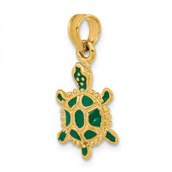 14k Yellow Gold 3D Green Enamel Land Turtle Pendant