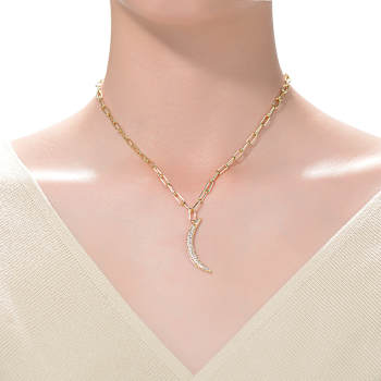 Crescent Moon CZ Charm Necklace In 14K Gold Over Brass