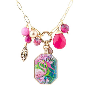 Barse Jewelry Pink Agate & Multi-Gemstone Gold Tone Flamingo Charm Necklace