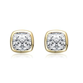 Cushion-Cut CZ Bezel Stud Earrings In 14K Gold Over Sterling Silver