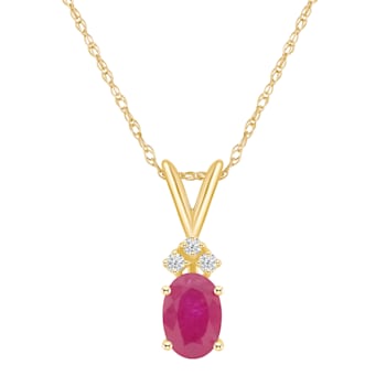7x5mm Oval Ruby with Diamond Accents 14k Yellow Gold Pendant With Chain