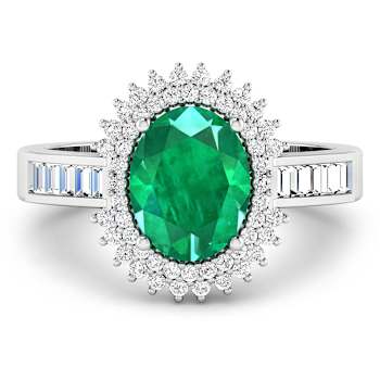 14K White Gold Green Emerald and White Diamond Oval Halo Ring 2.05ctw