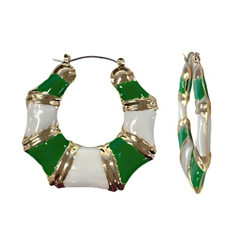 Gold Tone Green and White Enamel Earring