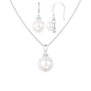 7½-10mm Button White Freshwater Pearl and CZ Rhodium Over Sterling
Earring and Pendant W/Chain Set