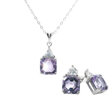 Purple Amethyst and White CZ Octagon Stud Sterling Silver Earrings