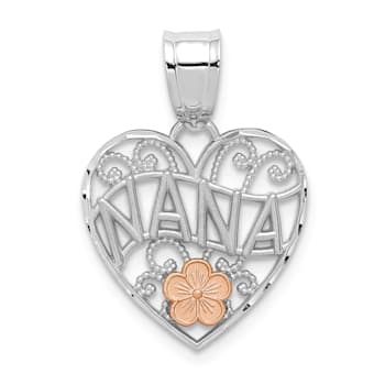 14k Two-tone Gold Textured Flower Nana Heart Pendant