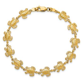 14k Yellow Gold Textured Swimming Sea Turtle Link Bracelet