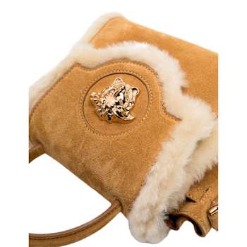 Versace Brown Leather with Beige Sherling Trim La Medusa Top-Handle Mini Bag