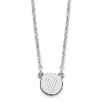 Rhodium Over Sterling Silver Tiny Circle Block Letter V Initial Necklace