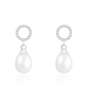 7.5-8mm White Cultured Freshwater Pearl Rhodium Over Sterling Silver Earrings