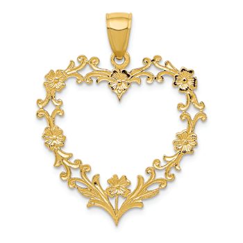14k Yellow Gold Polished and Textured Floral Border Heart Pendant