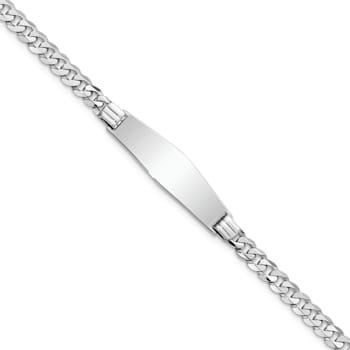 Rhodium Over 14k White Gold Soft Diamond Shape Flat Curb Link ID Bracelet