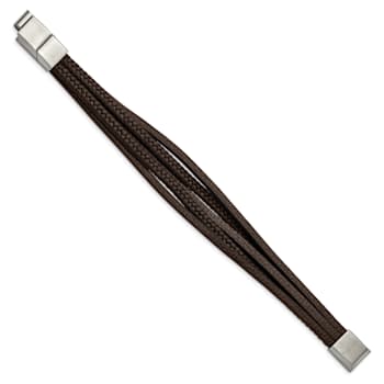 Brown Faux Leather and Stainless Steel Polished Brown Multi Strand with
0.5-inch Extension Bracelet