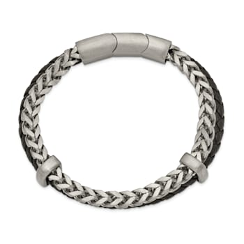 Black Leather and Stainless Steel Brushed and Chain 8-inch with 0.5-inch
Extension Bracelet