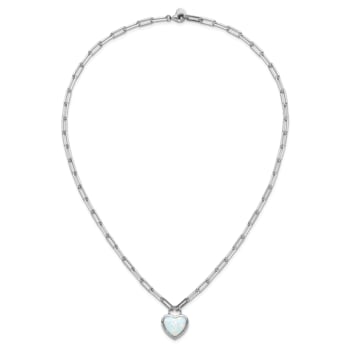 Rhodium Over Sterling Silver Lab Created Opal Heart Paperclip Link Necklace
