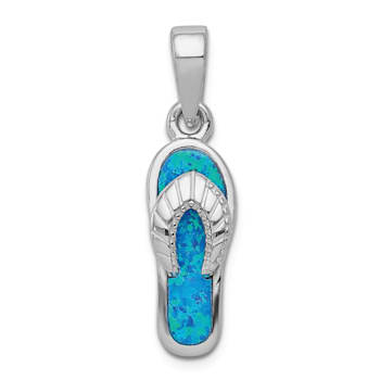 Rhodium Over Sterling Silver Lab Created Blue Inlay Opal Sandal Pendant