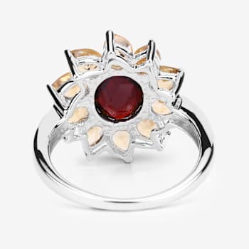 Red Garnet and Yellow Citrine Rhodium Over Sterling Silver Oval Floral
Cocktail Ring 5.5ctw